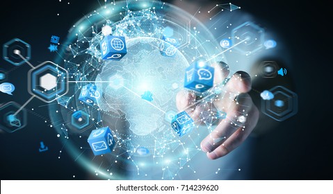 Flying earth network interface activated by businessman on blurred background 3D rendering