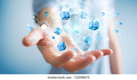 Flying earth network interface activated by businessman on blurred background 3D rendering