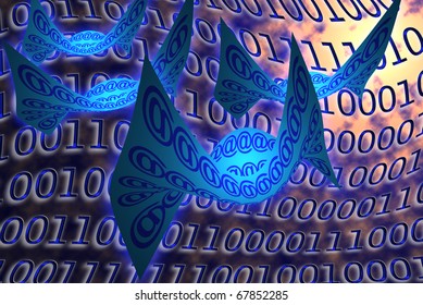 Flying emails on binary background