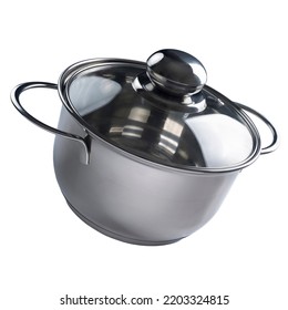 Flying Empty Cooking Pot With Lid Isolated On White Background, Eco Utensils