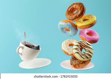 Flying and falling sweet colored donuts and a white cup of coffee on a blue background. Breakfast concept. - Powered by Shutterstock