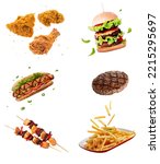 flying fast food dishes isolated on white abstract background. floating burger, steak, French fries, chicken sticks, fried chicken, hot dog. abstract fast food mock up and template design.