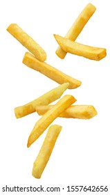 Flying French Potato Fries, Isolated On White Background