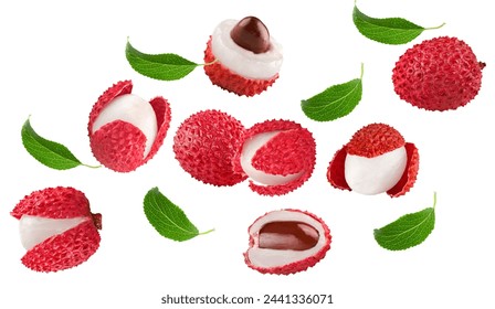 flying fresh lychee with slices and green leaves isolated on white background. clipping path - Powered by Shutterstock