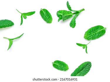 Flying Fresh Mint Leaves Isolated On White Background, Top View. Peppermint. Spearmint.  Pattern. 