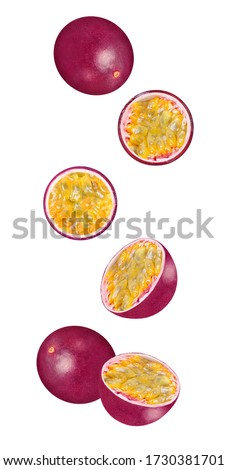 Flying fruit. Six whole and cut flowing passionfruit (maracuya) fruits isolated on white background with shallow depth of field