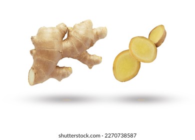 Flying ginger root with slices collection isolated on white background. - Shutterstock ID 2270738587