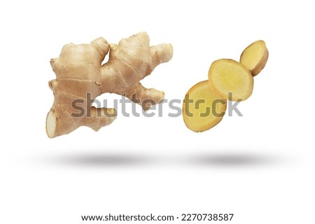 Flying ginger root with slices collection isolated on white background.