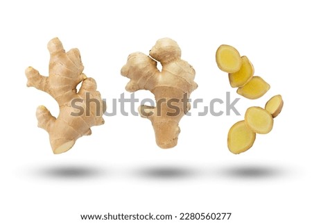 Flying ginger root with slices collection isolated on white background.