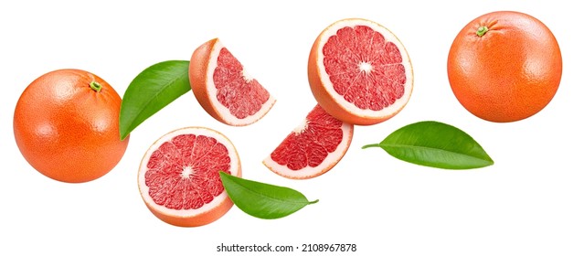 Flying Grapefruit isolated on white background. Levitation grapefruit with leaf. Full depth of field with clipping path