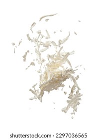 Flying grated white brine cheese on white background