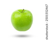 Flying green apple has water drop  isolated on white background. Clipping path.