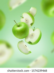 Flying Green Apple Slices On Color Background. Green Apple Photo Art For Poster, Banner