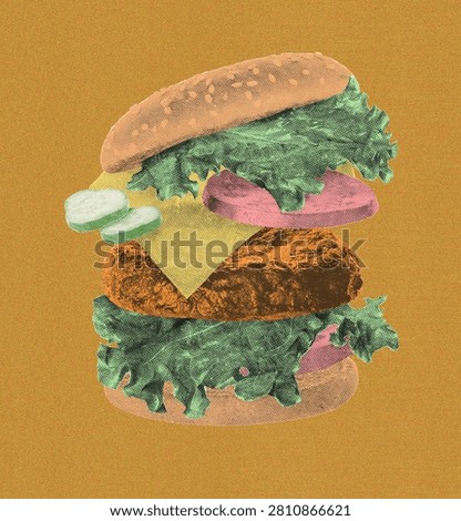 Flying hamburger with scattered ingredients in Risograph style with a textured vintage print effect, Dynamic food element for design