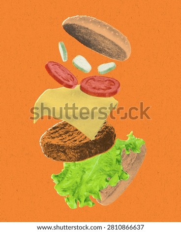 Flying hamburger with scattered ingredients in Risograph style with a textured vintage print effect, Dynamic food element for design