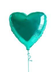 Flying Heart Shaped Toy Balloon Inflated With Helium Of Bright Metallic Green Colour With Ribbon Isolated On White Background Used As Greeting Gift For Celebration Of Birthday Or Romantic Wedding Day