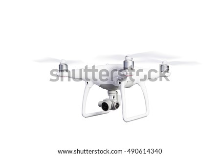 Flying helicopter drone with camera. Studio shot, isolated.