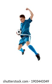 Flying High. Funny Emotions Of Professional Soccer Player Isolated On White Studio Background. Copyspace For Ad. Excitement In Game, Human Emotions, Facial Expression And Passion With Sport Concept.