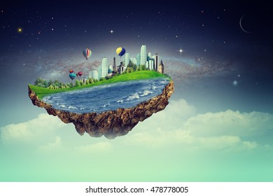 Flying island. Eco concept with fantastic island against beautiful night sky - Shutterstock ID 478778005
