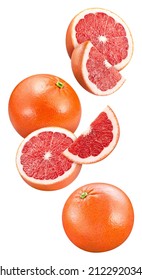 Flying Isolated grapefruit. Fresh organic grapefruit isolated clipping path. Grapefruit macro studio photo.