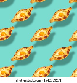 Flying Khachapuri Adjarian Seamless Food Pattern At Neo Mint Background. Georgian Cuisine Pattern. Endless Texture