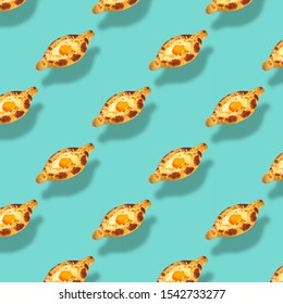 Flying Khachapuri Adjarian Seamless Food Pattern At Neo Mint Background. Georgian Cuisine Pattern. Endless Texture