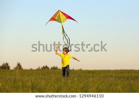 Flying a kite. the boy launches a kite. Summer day. Sunny.The boy in a yellow t-shirt with a kite. A boy of European appearance on the field. Sky. Vivid emotions