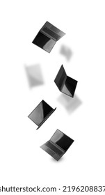 Flying laptop with empty screen isolated. Open laptop monitor with copy space, notebook pc mockup on white background front view with clipping path