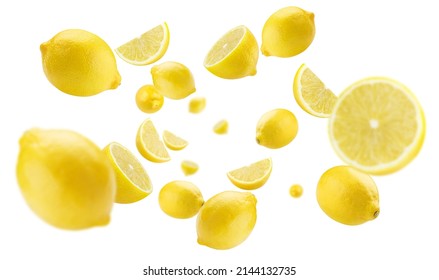 Flying lemon fruits, isolated on white background - Shutterstock ID 2144132735