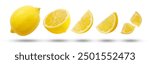 Flying lemon has water drop with slices collection and shadow isolated on white background , clipping path.