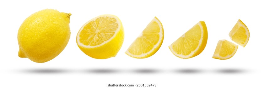 Flying lemon has water drop with slices collection and shadow isolated on white background , clipping path.