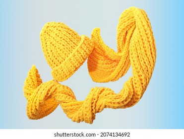 flying levitating scarf and hat. knitted winter woman yellow accessories. creative shot of warm apparel for autumn.