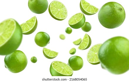 Flying lime fruits, isolated on white background - Shutterstock ID 2168054065