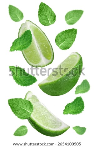 Flying lime and mint composition, real photo cutout on transparent background.