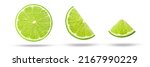 Flying lime slices collection isolated on white background. Clipping path.