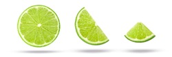 Flying Lime Slices Collection Isolated On White Background. Clipping Path.
