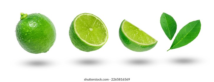 Flying lime with slices and leaf collection isolated on white background. - Shutterstock ID 2265816569
