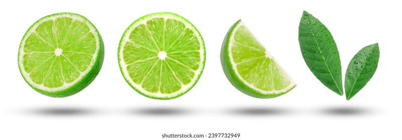 Flying lime slices and leaves collection isolated on white background. Clipping path. - Powered by Shutterstock