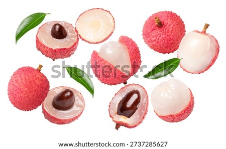 Flying lychee fruit and lychee slice isolated on white background.