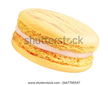 Flying macaroon cookie isolated on white background. Faling yellow  French  macarons cake or macaroon dessert.