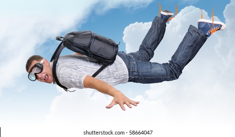 Flying man with satchel (parachute) in clouds