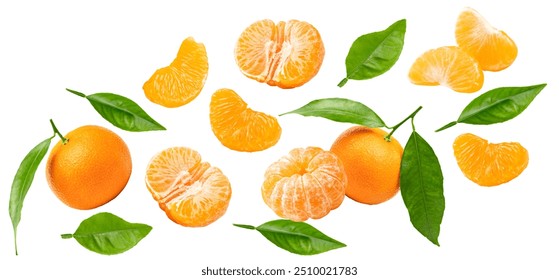 flying mandarins with green leaves and slices isolated on white background. clipping path