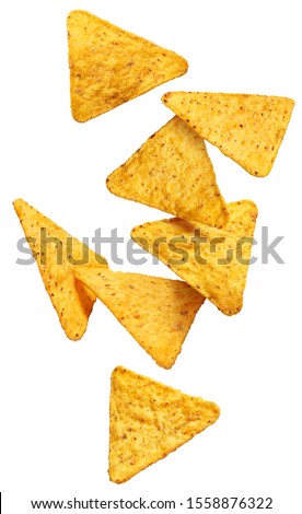 Flying mexican nachos chips, isolated on white background