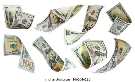 Flying money 100 dollar bank note isolated on white background. This has clipping path. 