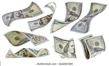 Flying Money 100 Dollar Bank Note Isolated On White Background. This Has Clipping Path. 