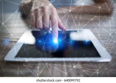 Flying network sphere 3D background. Business technology and internet concept. Modern virtual screen interface. - Shutterstock ID 640099792