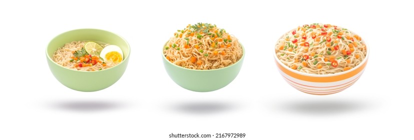 Flying noodles in bowl collection isolated on white background.