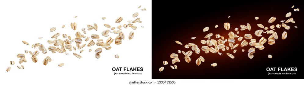 Flying Oat Flakes Isolated On White And Black Backgrounds. Falling Oats