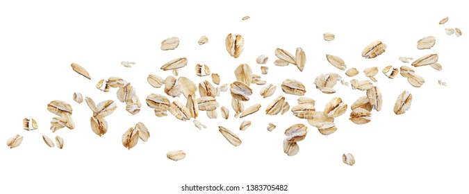 Flying Oat Flakes Isolated On White Background With Clipping Path, Falling Oats Collection, Top View