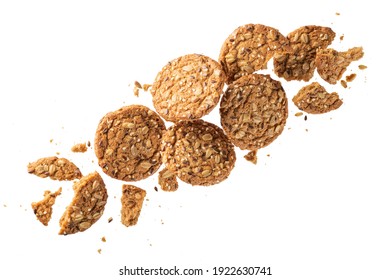 Flying Oatmeal Cookies With Various Seeds Isolated On White Background